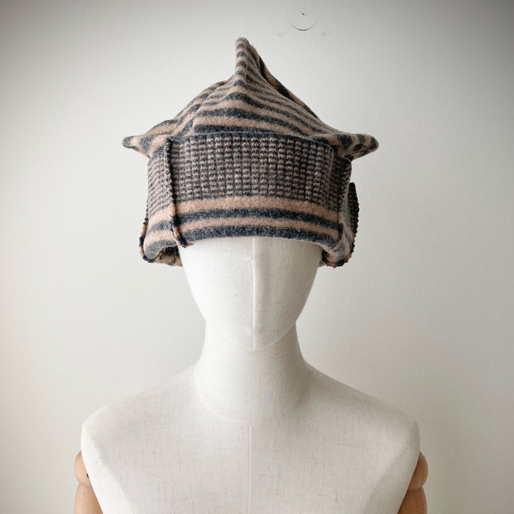 joodito origami crown wool sweater hat bucket beanie cap cloche striped gray tan - Picture 2 of 13